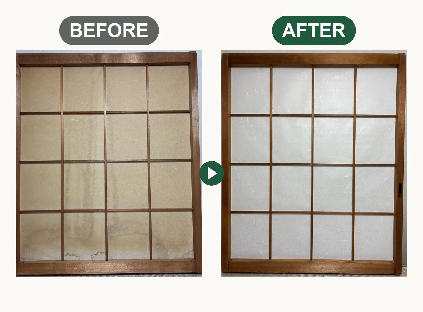 経年で黄ばみとシミが出た障子（左）と、プラスチック障子紙に張り替えた後（右）